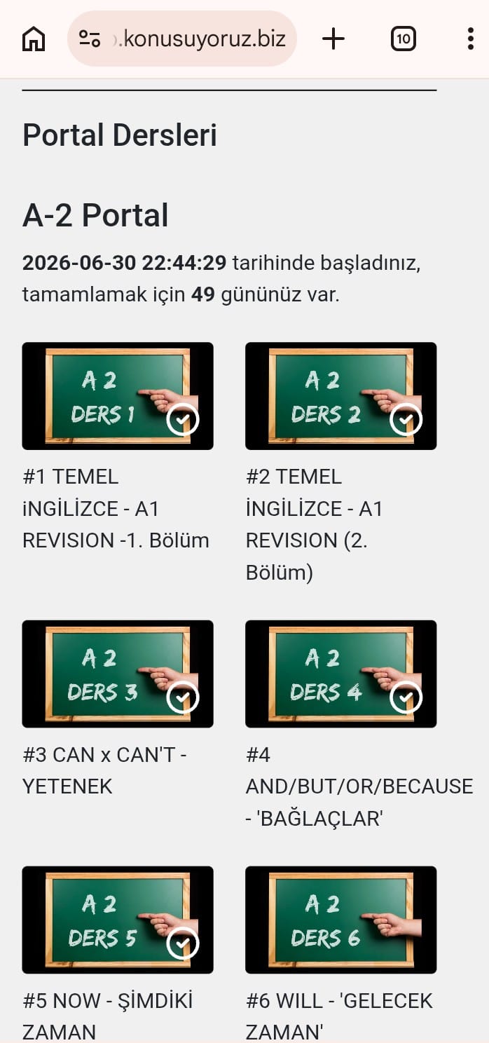 Konuşuyoruz Biz Portal A2 dersleri mobil ekranı
